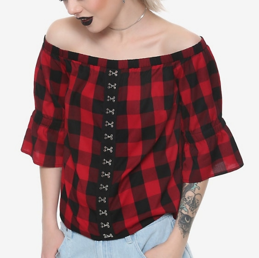 Red & Black Buffalo Plaid Hook & Eye Off Shoulder
